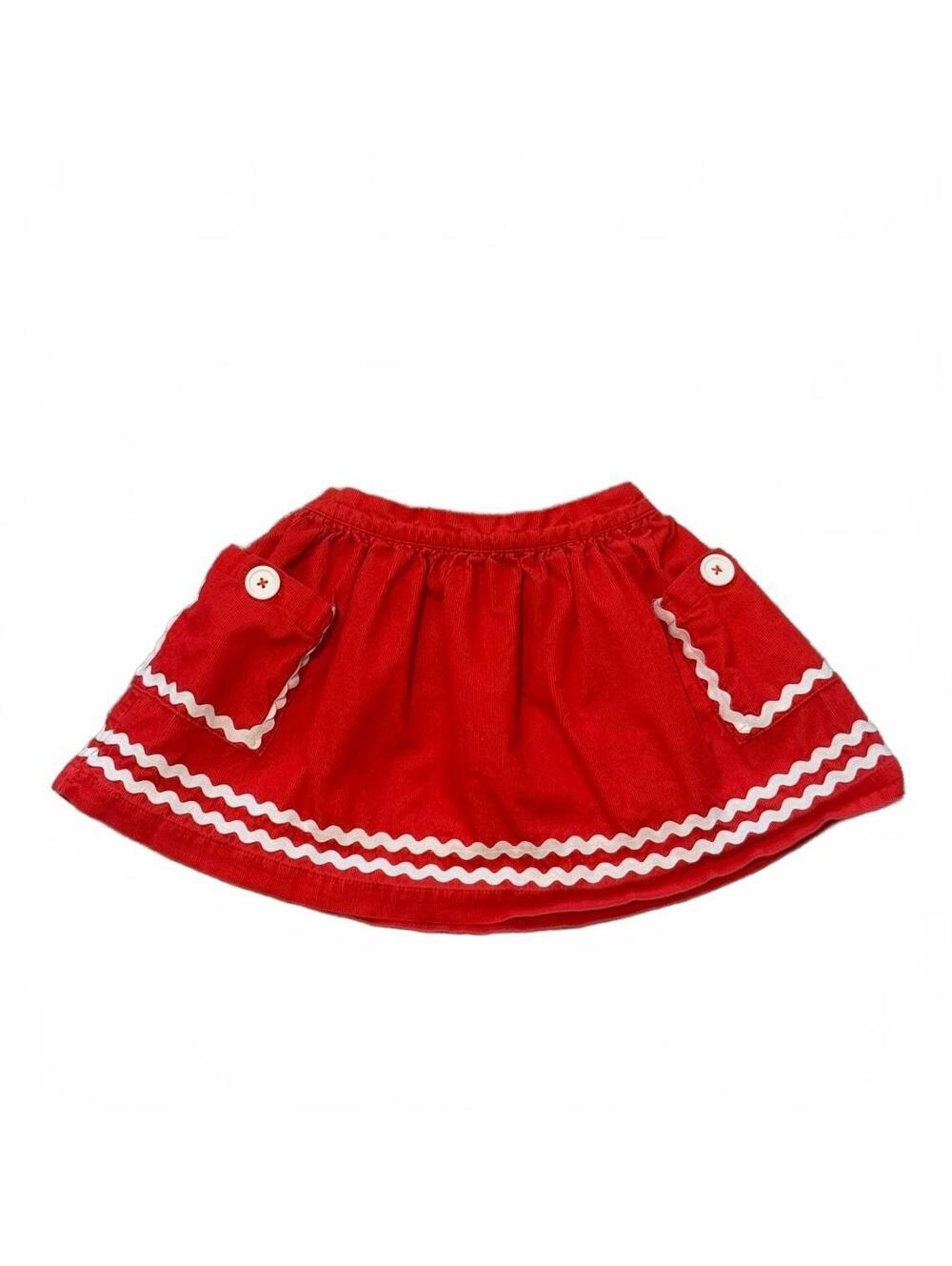 MINI BODEN | Red Corduroy Ric-Rac Trim Skirt | Floral Lining | 2-3Y